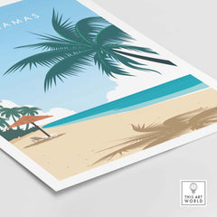 The Bahamas Travel Poster Print featuring a minimalist beach scene with palm trees and a serene ocean view.