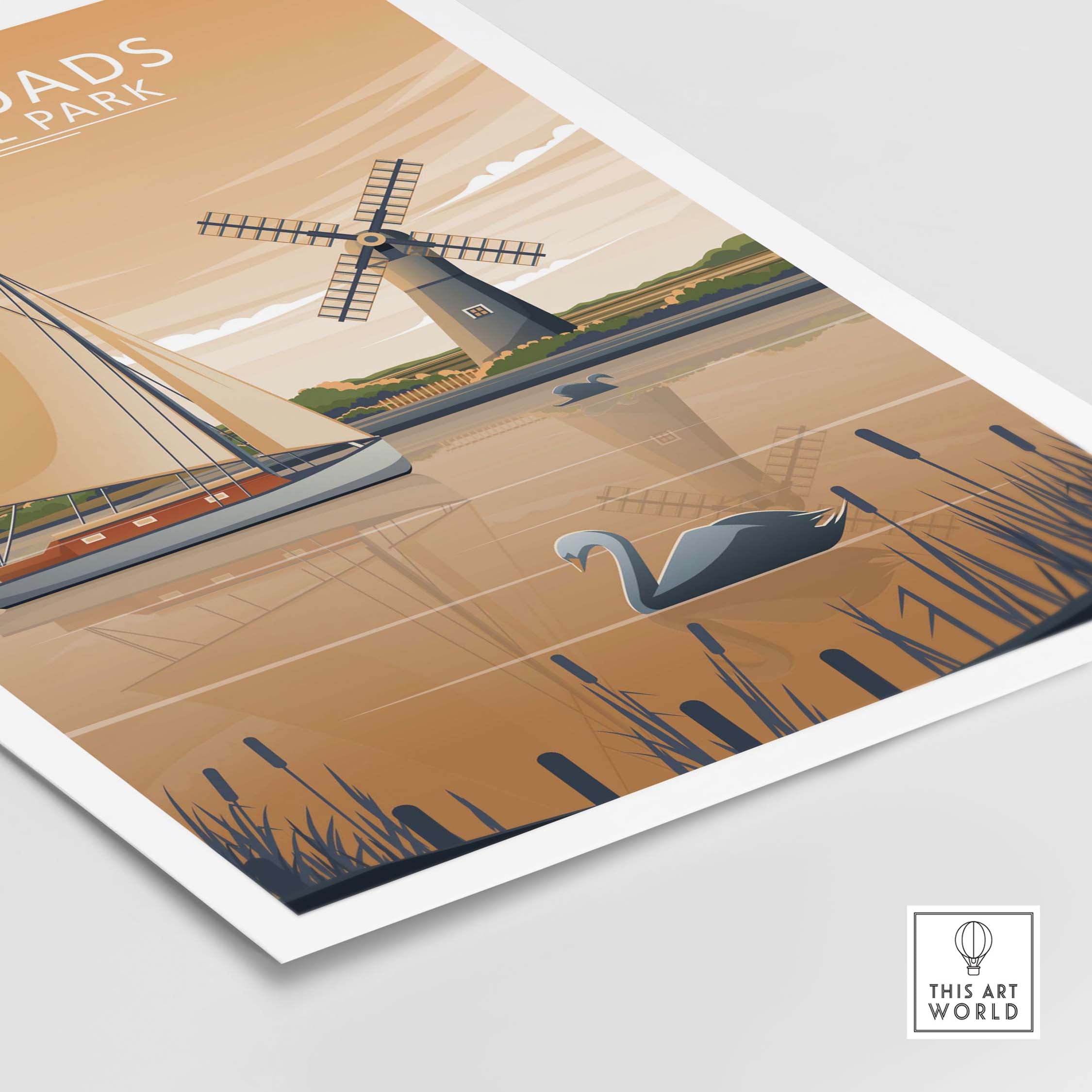 The Broads National Park print featuring a sailboat and windmill against a serene water landscape.