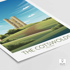 The Cotswolds print featuring a vintage-style illustration of a castle and green hills in England.