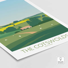 Cotswolds Print England Travel Poster showcasing scenic landscapes and sheep, perfect for home or office decor.
