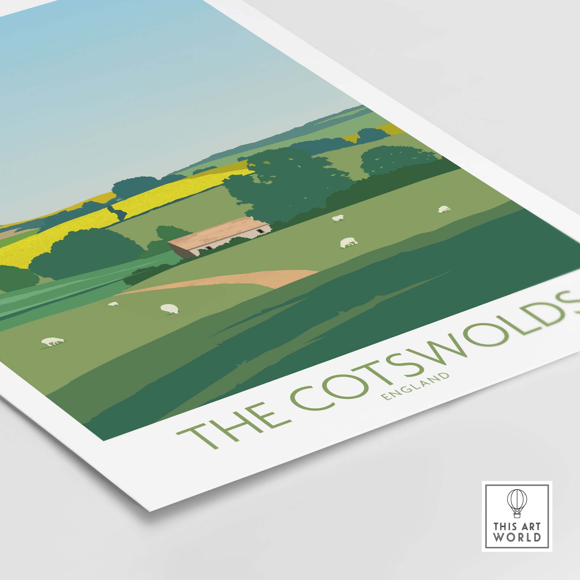 Cotswolds Print England Travel Poster showcasing scenic landscapes and sheep, perfect for home or office decor.