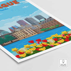 The Hague Netherlands wall art print featuring tulips, cityscape, and a minimalist vintage design.