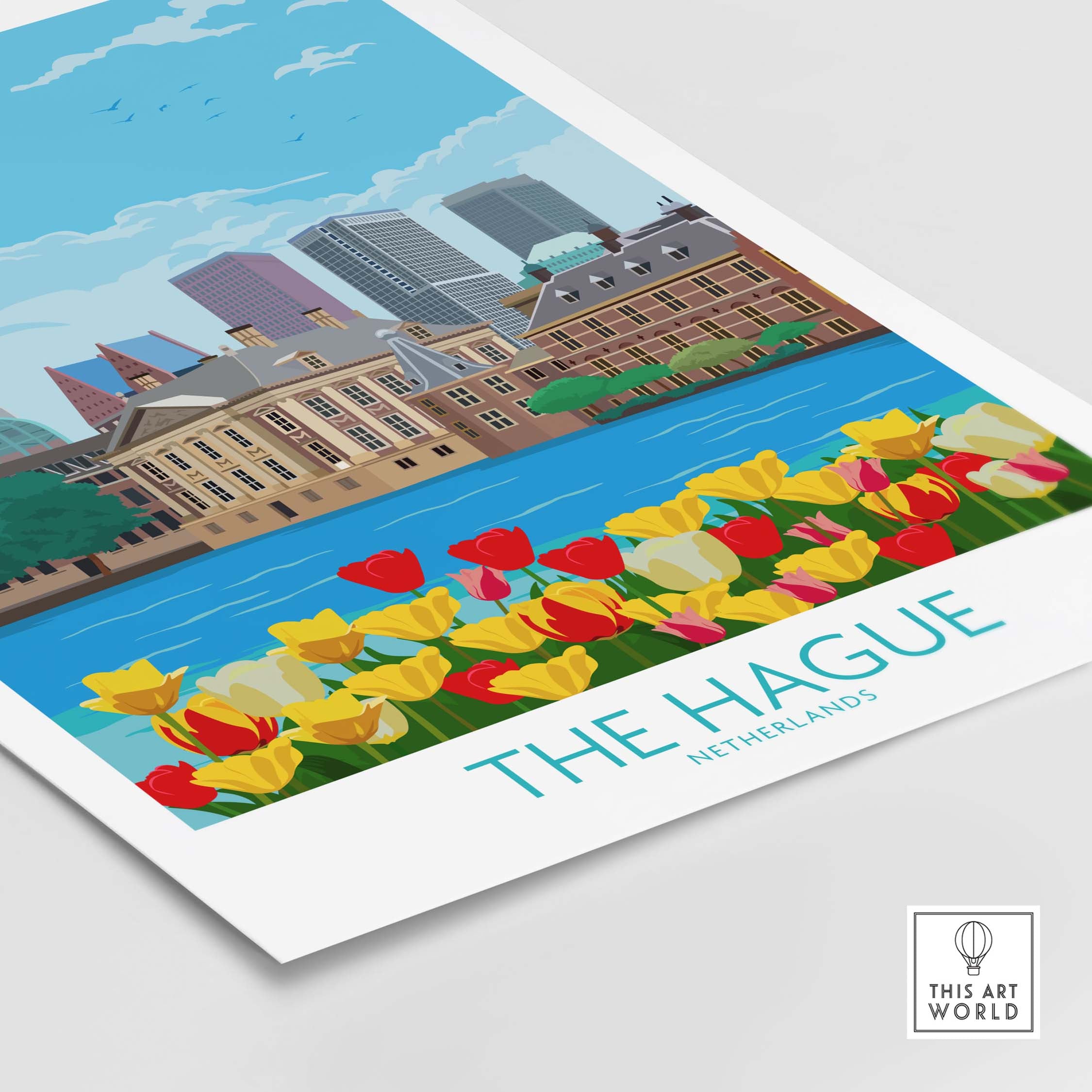 Colorful The Hague Netherlands poster with tulips and skyline, inspired by vintage travel design, perfect for home decor.