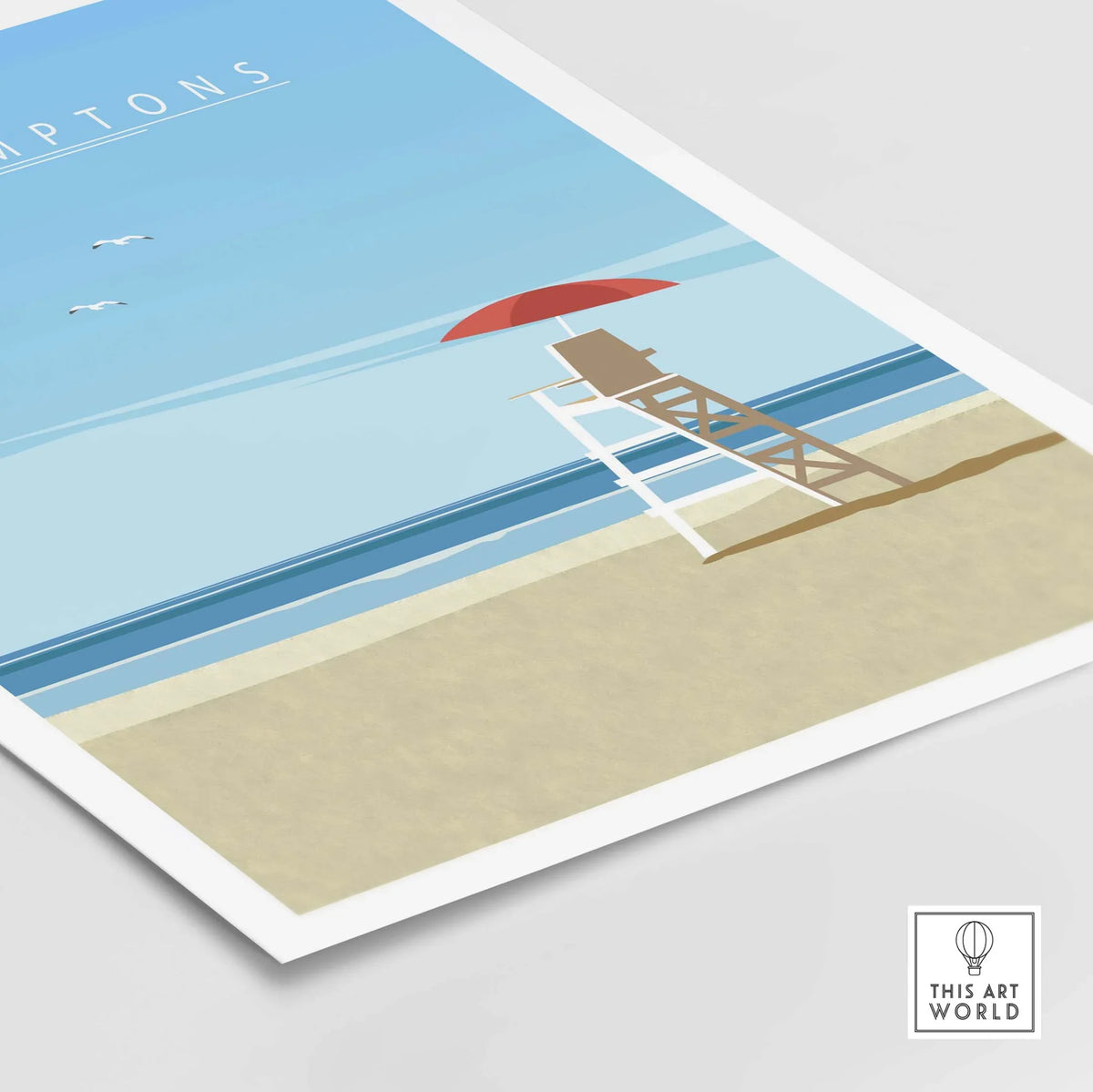 The Hamptons Print featuring a minimalist beach scene with a lifeguard chair and umbrella, perfect for home decor.