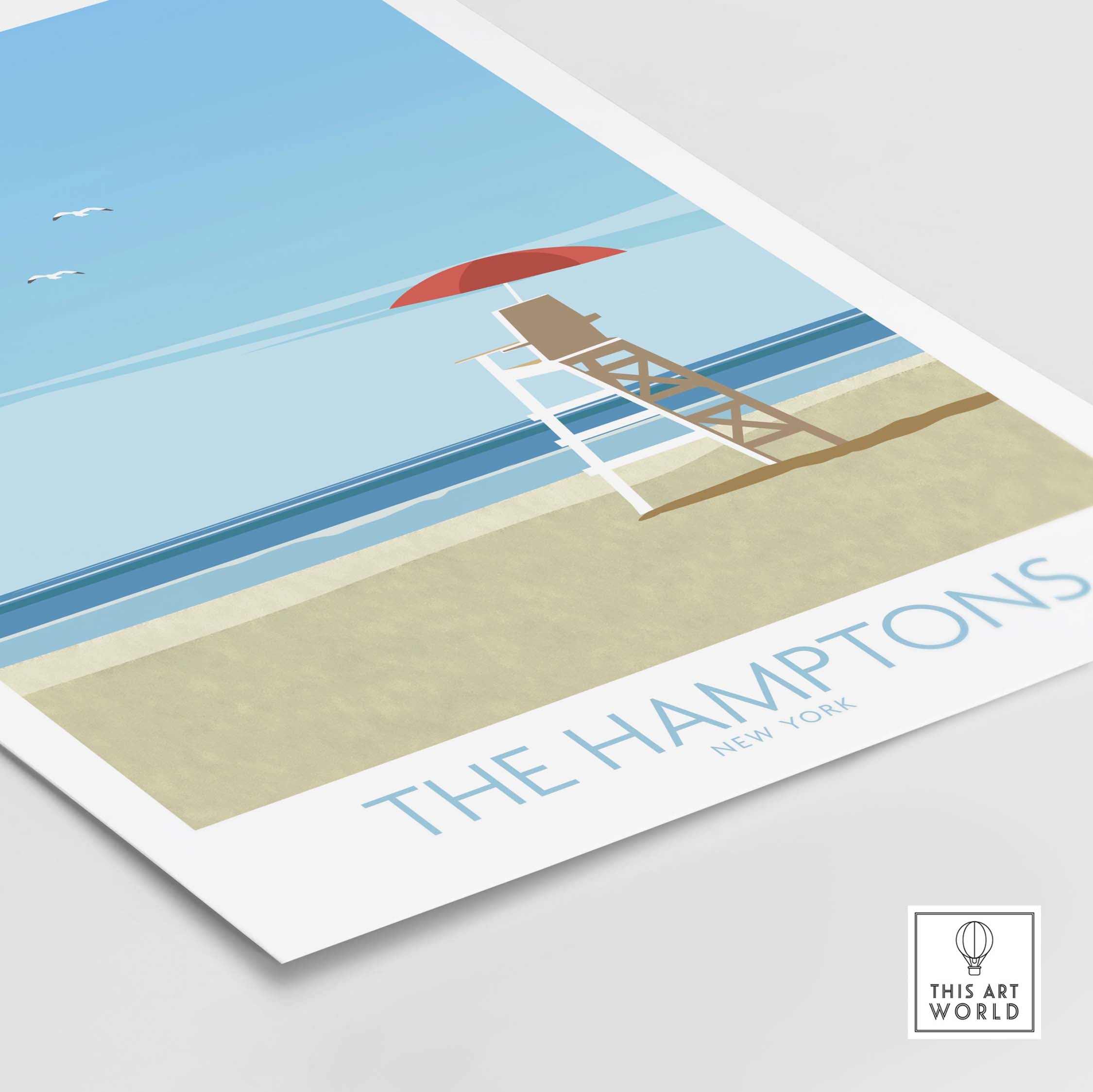 Minimalist travel poster of The Hamptons, New York, featuring a lifeguard chair on a beach with a blue sky.