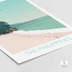 Philippines print travel poster featuring a serene beach and lush greenery, perfect for home or office decor.