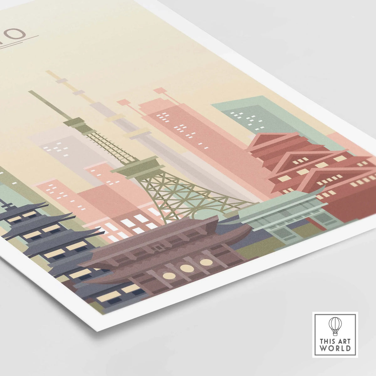 Tokyo skyline poster featuring iconic buildings in warm pastel tones for stylish wall decor.