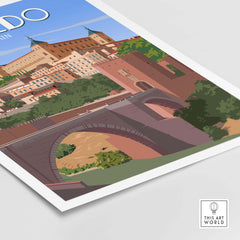Toledo Spain poster featuring a minimalist design of the historic cityscape and bridge, perfect for travel art lovers.