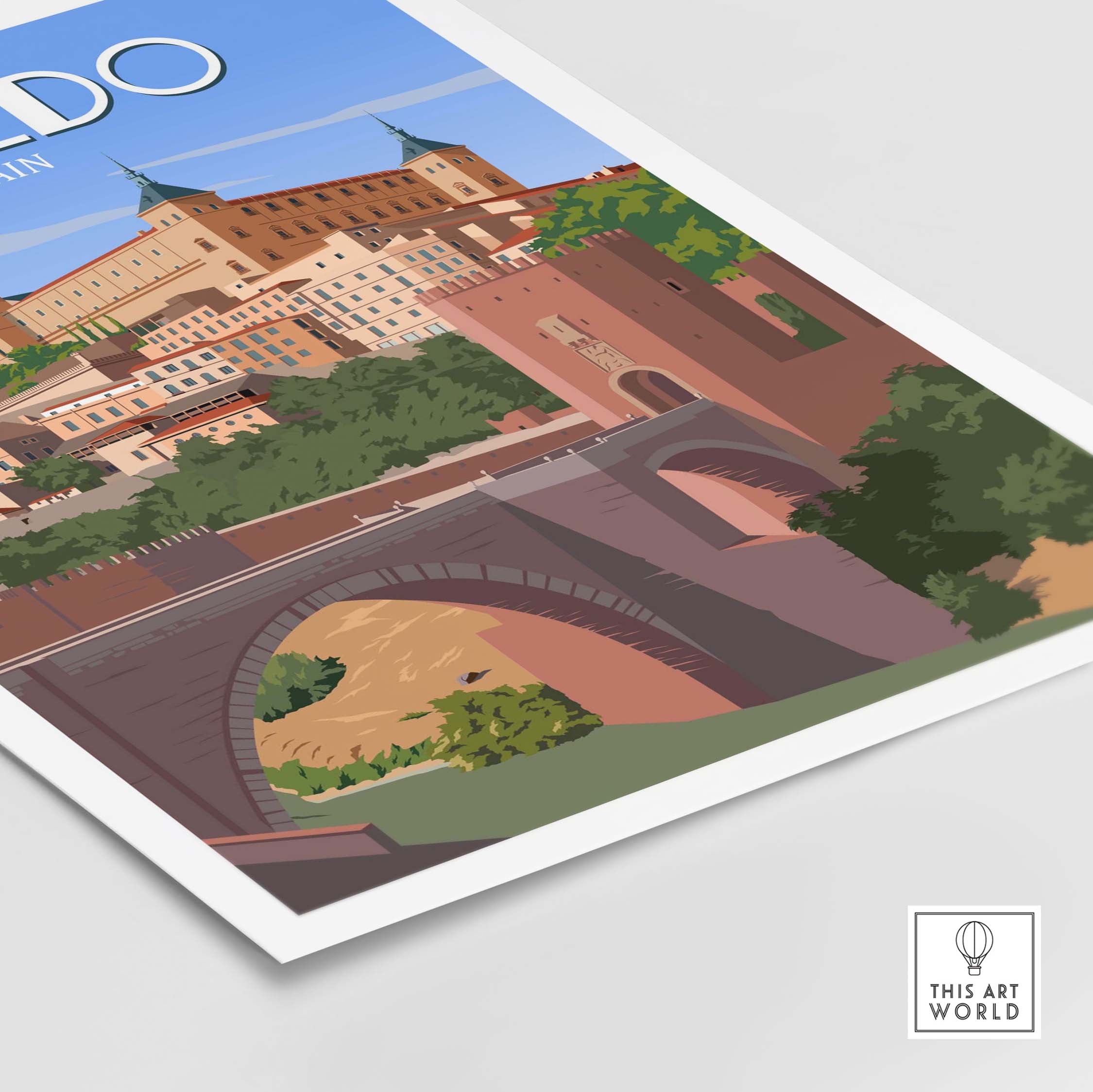 Toledo Spain poster featuring a minimalist design of the historic cityscape and bridge, perfect for travel art lovers.