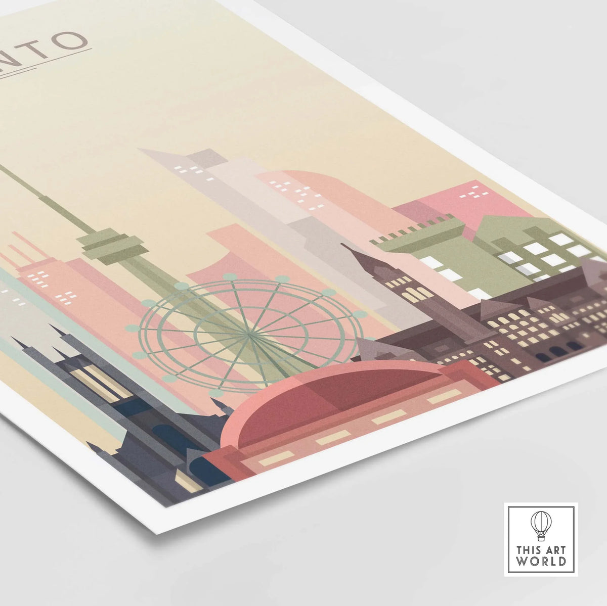Toronto Skyline Print with pastel colors depicting iconic city architecture and landmarks.