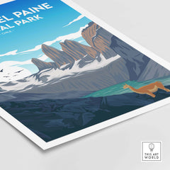 Vintage-inspired Torres del Paine Chile print featuring mountains and wildlife, perfect for travel art lovers.