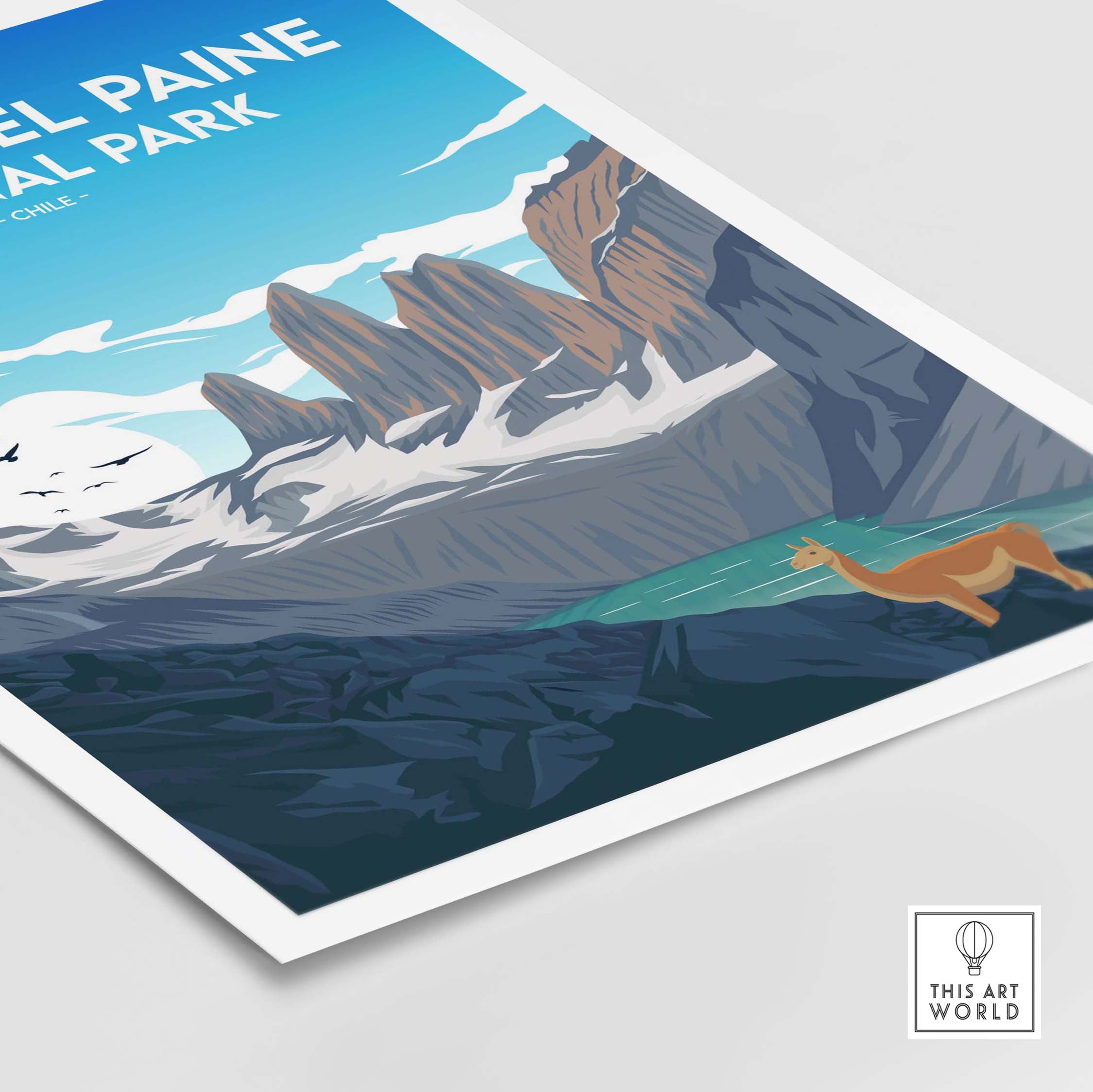 Vintage-inspired Torres del Paine Chile print featuring mountains and wildlife, perfect for travel art lovers.