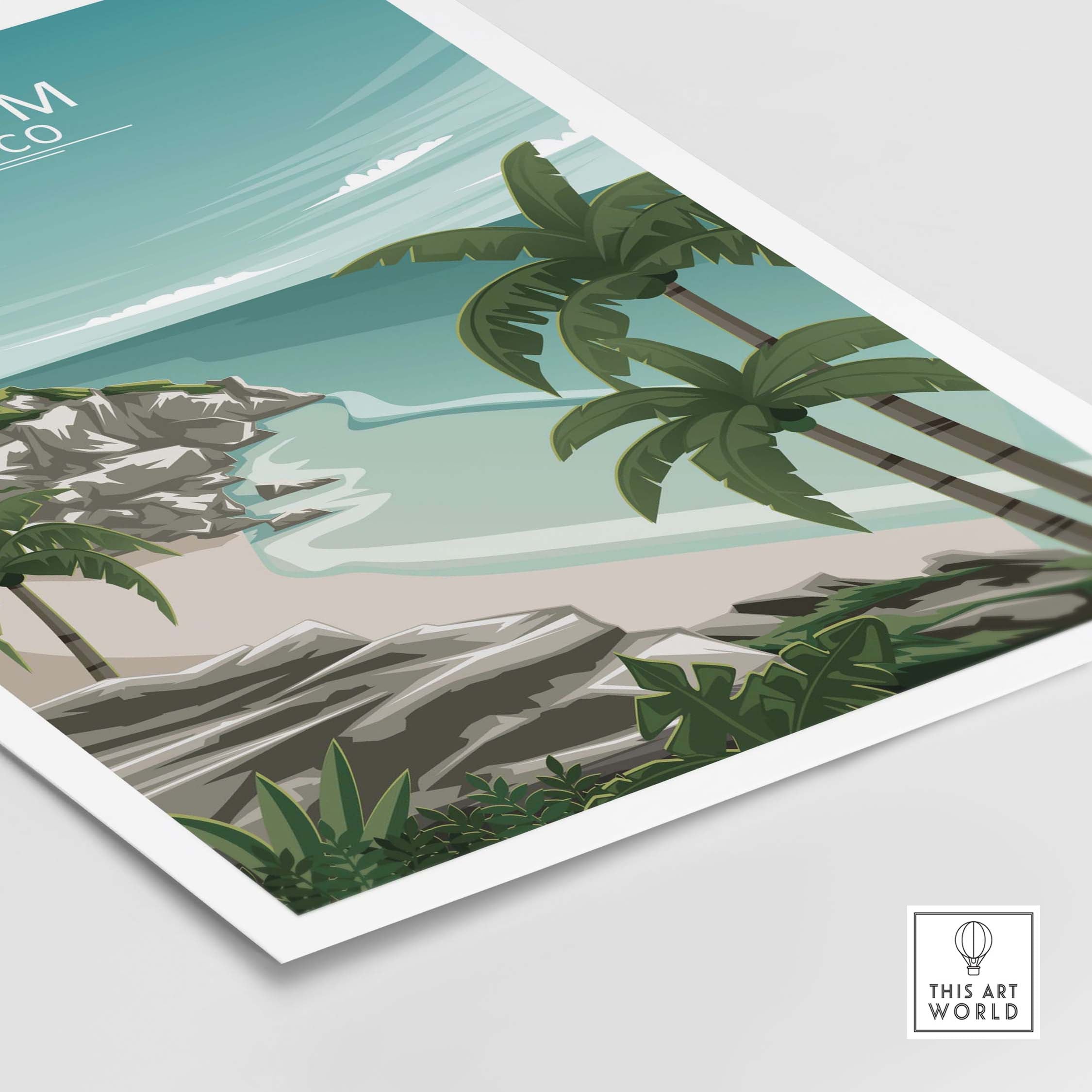Tulum Wall Art Mexico featuring a serene beach scene with palm trees and rocks in a minimalist style.