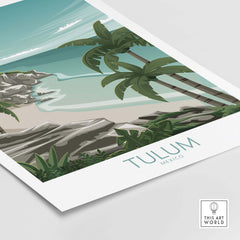 Tulum Art Print showcasing a beach scene with palm trees, inspired by vintage travel posters, perfect for home decor.