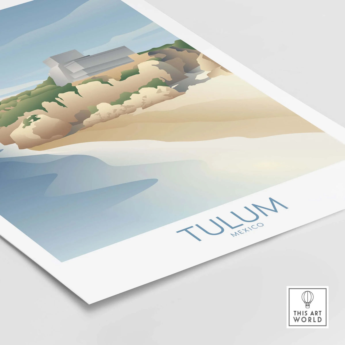 Tulum Mexico wall art print featuring a serene beachscape inspired by vintage travel posters.