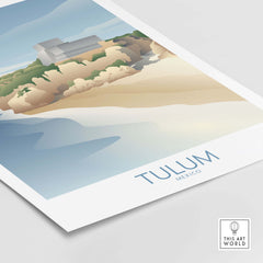 Tulum Mexico wall art print featuring a serene beachscape inspired by vintage travel posters.