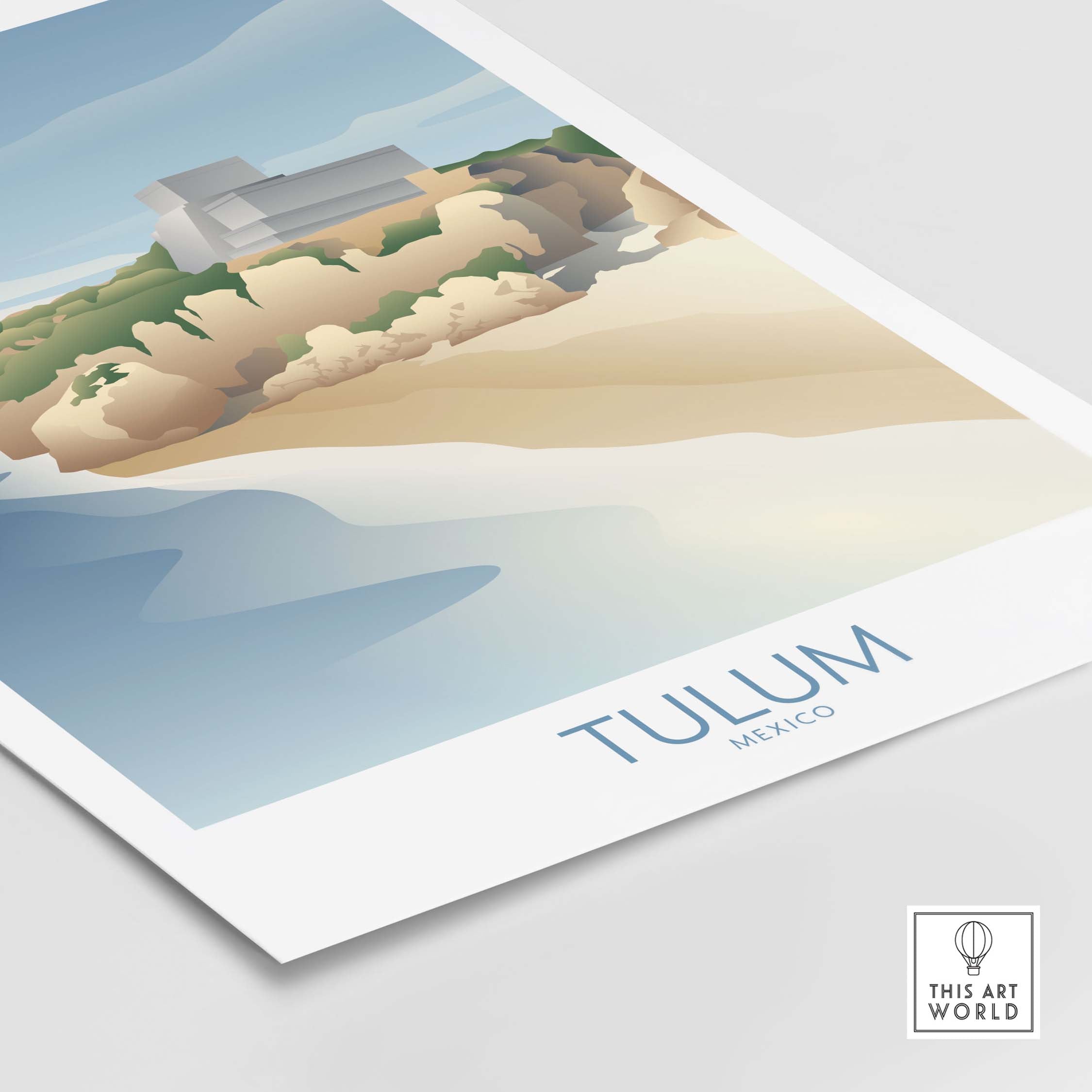 Tulum Mexico wall art print featuring a serene beachscape inspired by vintage travel posters.
