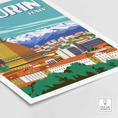 Turin Italy vintage travel poster print featuring cityscape and mountains in minimalist design.