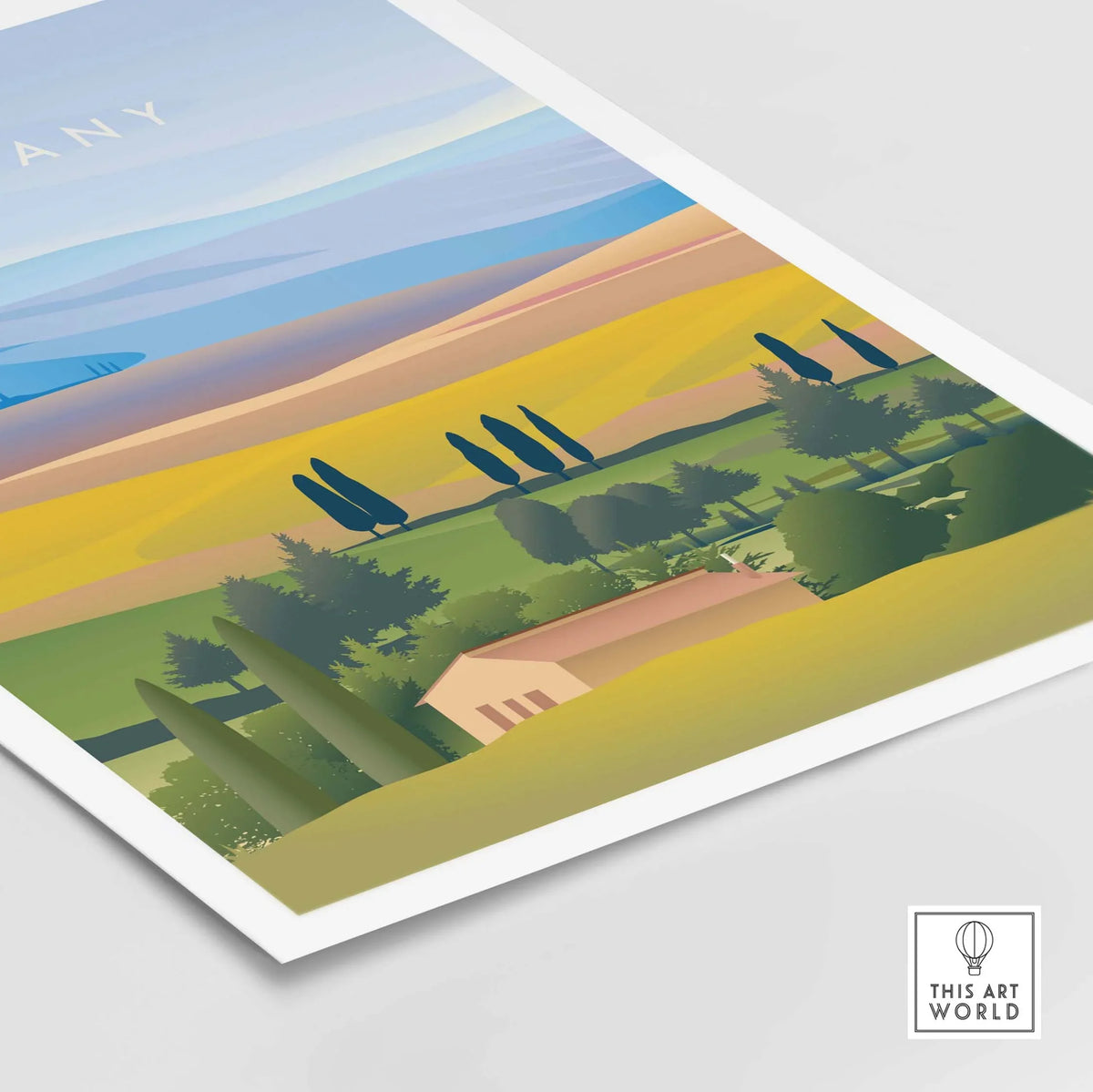 Tuscany Italy wall art poster featuring vibrant landscapes and vintage design, perfect for home or office decor.