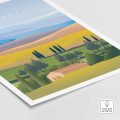 Tuscany Italy wall art poster featuring vibrant landscapes and vintage design, perfect for home or office decor.