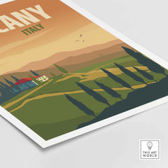 Tuscany poster wall art print featuring hills, cypress trees, and a rustic farmhouse in warm colors.