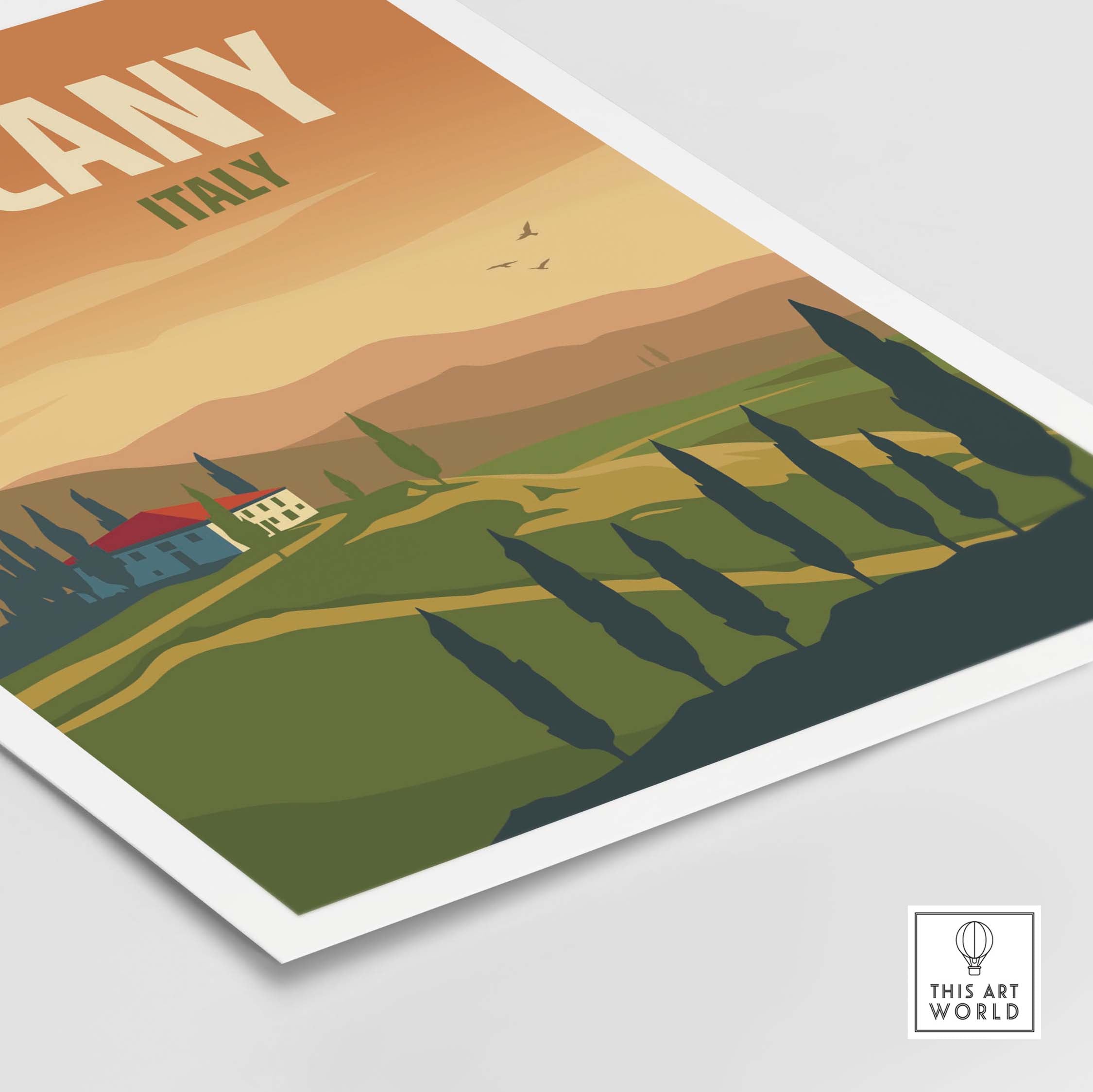 Tuscany poster wall art print featuring hills, cypress trees, and a rustic farmhouse in warm colors.