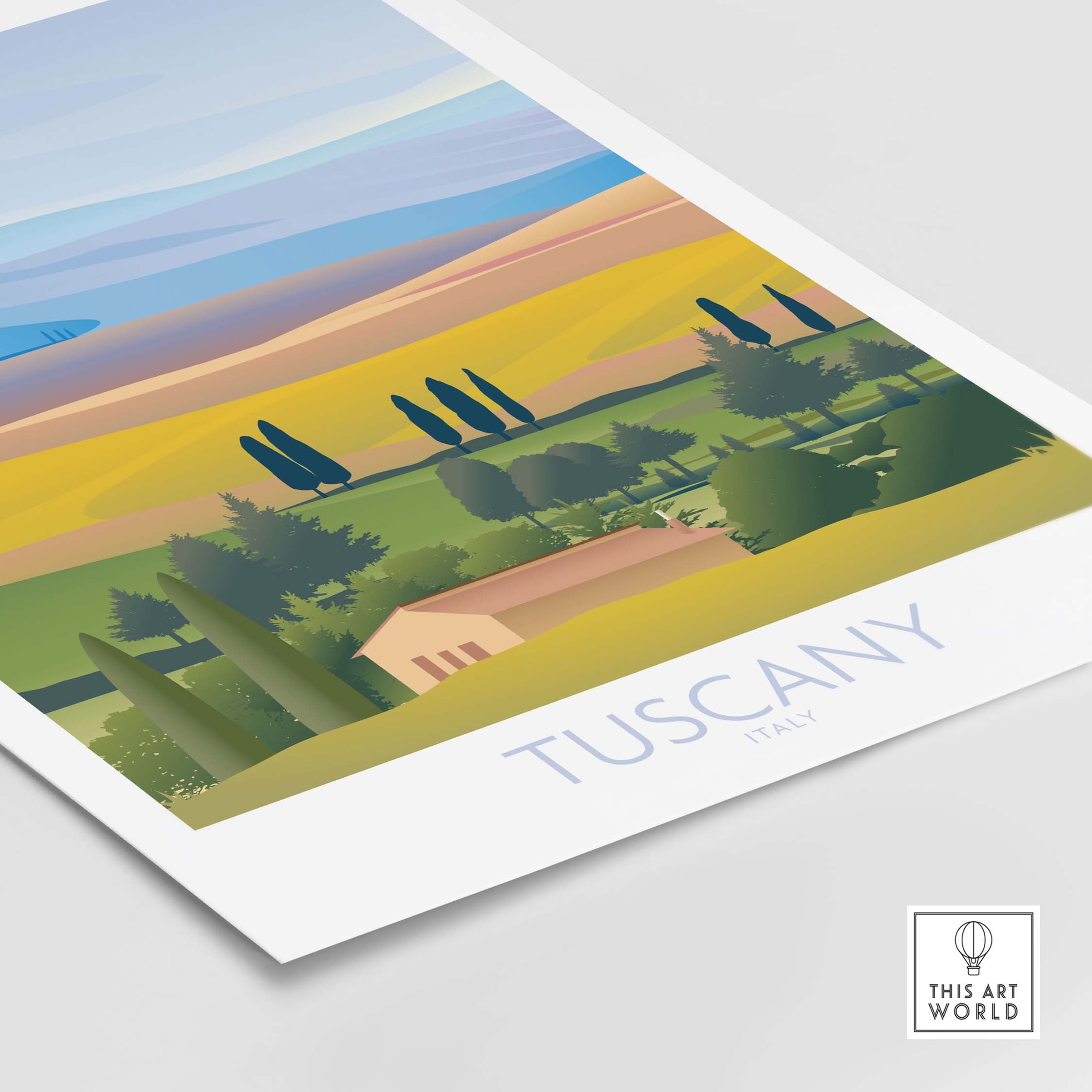 Tuscany Wall Art Print featuring vibrant landscapes and vintage travel poster design, perfect for home or office décor.