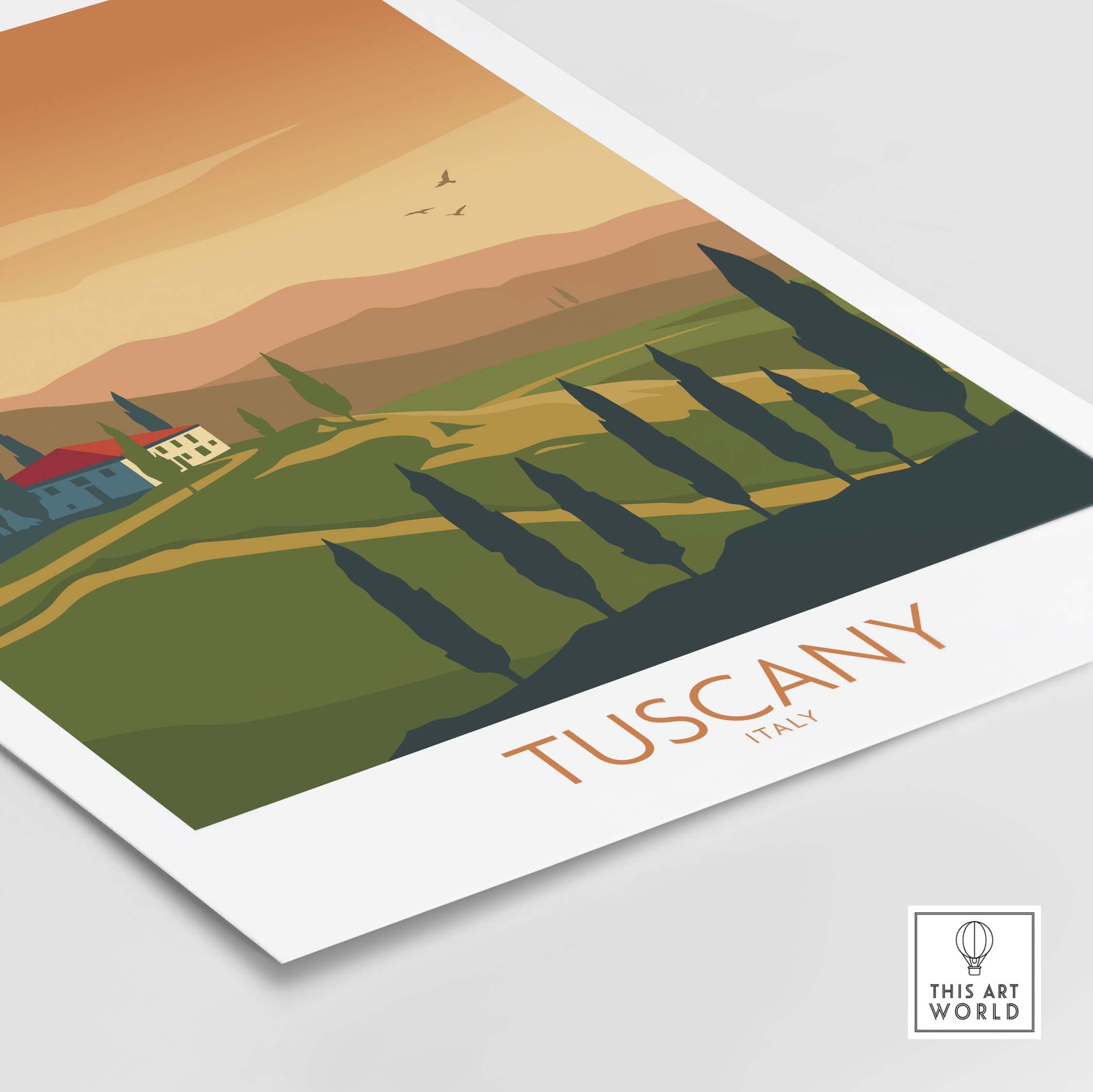 Vintage Tuscany poster featuring rolling hills, cypress trees, and warm sunset hues, perfect for travel-inspired decor.
