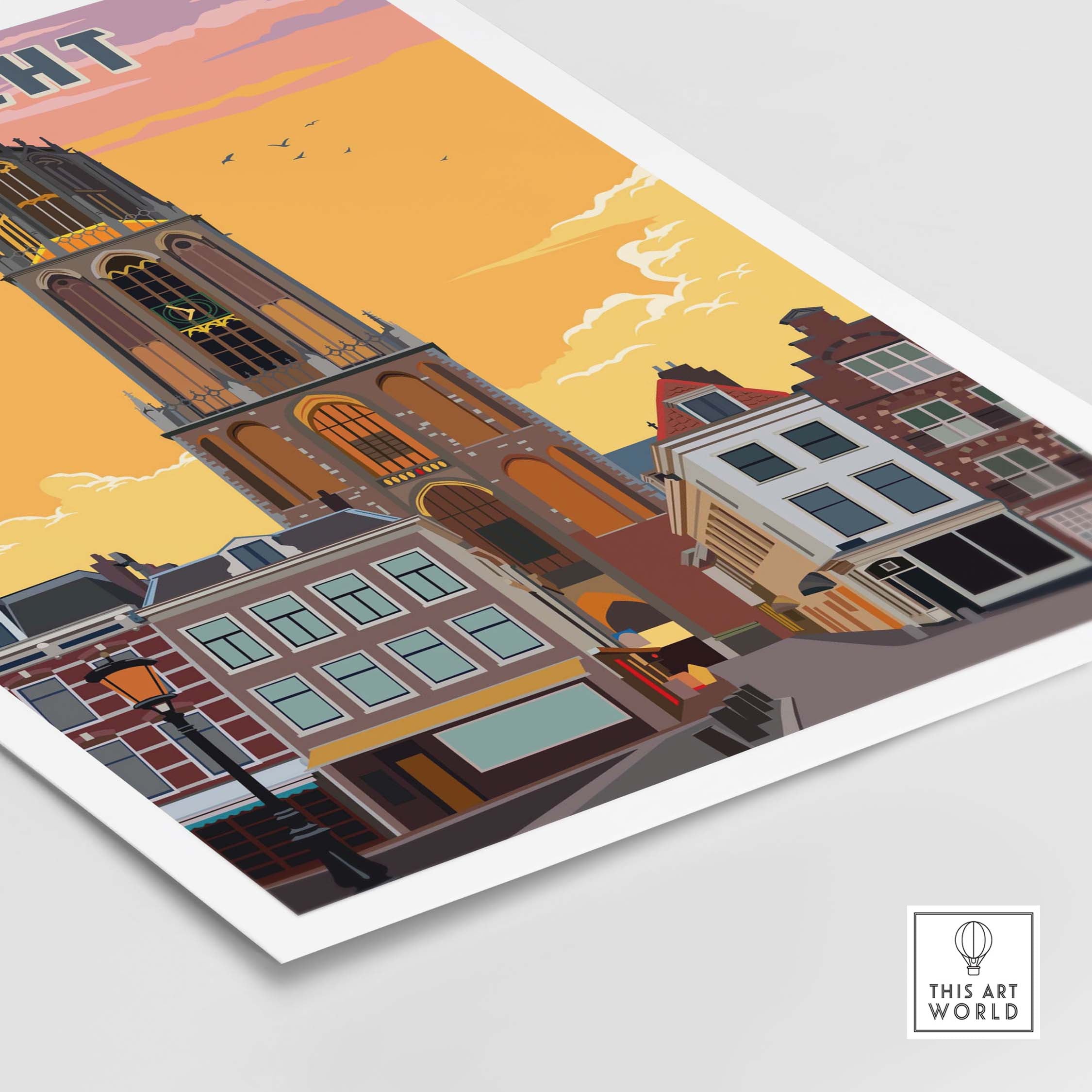 Utrecht Print travel poster showcasing the iconic Dom Tower and charming Dutch buildings at sunset.