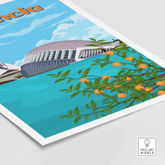 Valencia wall art print featuring the city skyline and orange tree, inspired by vintage travel posters.