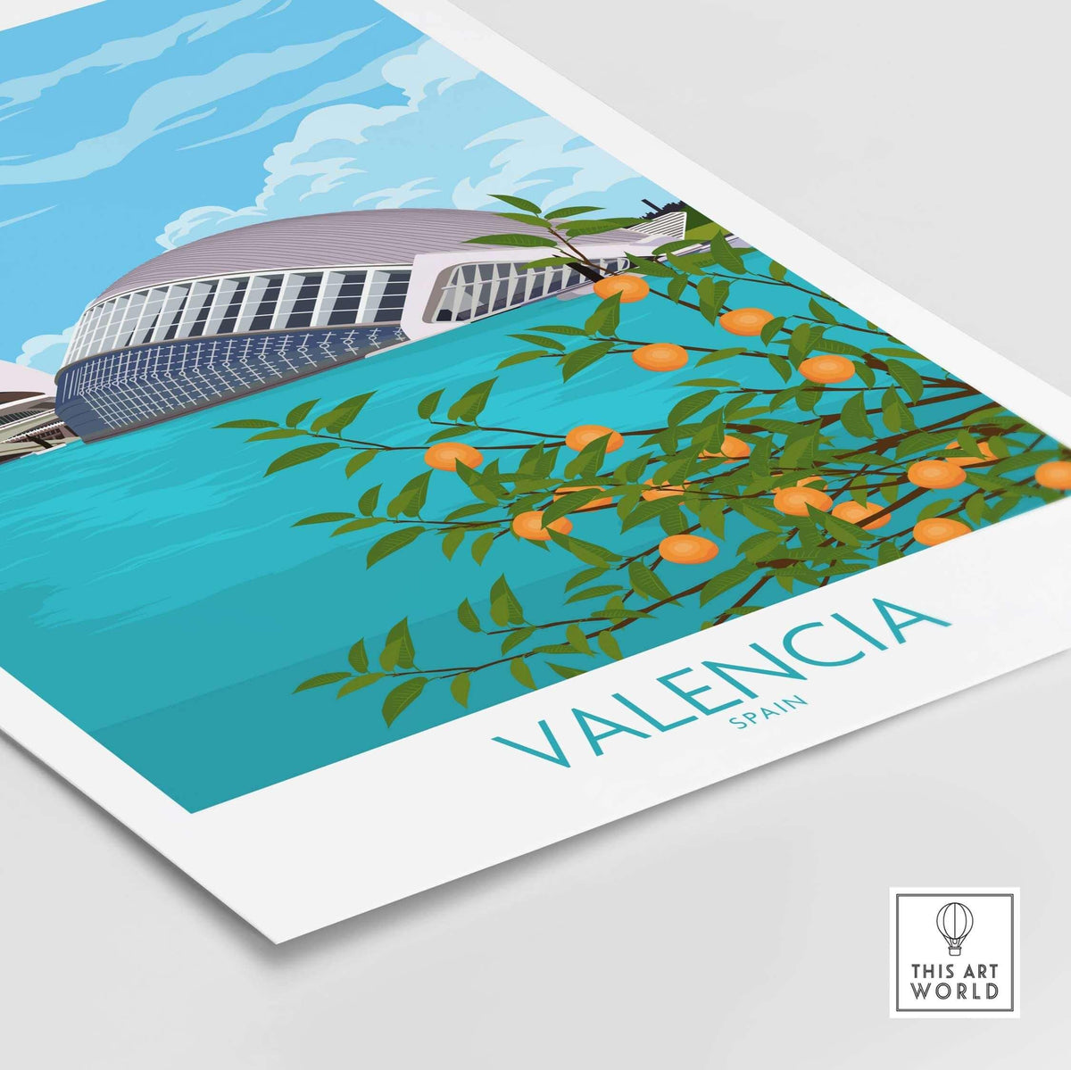 Valencia Poster Print showcasing the cityscape with oranges and water, embodying vintage travel art style.