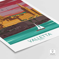 Colorful Valletta Print Malta Poster featuring vintage travel art and a sailboat on the water.