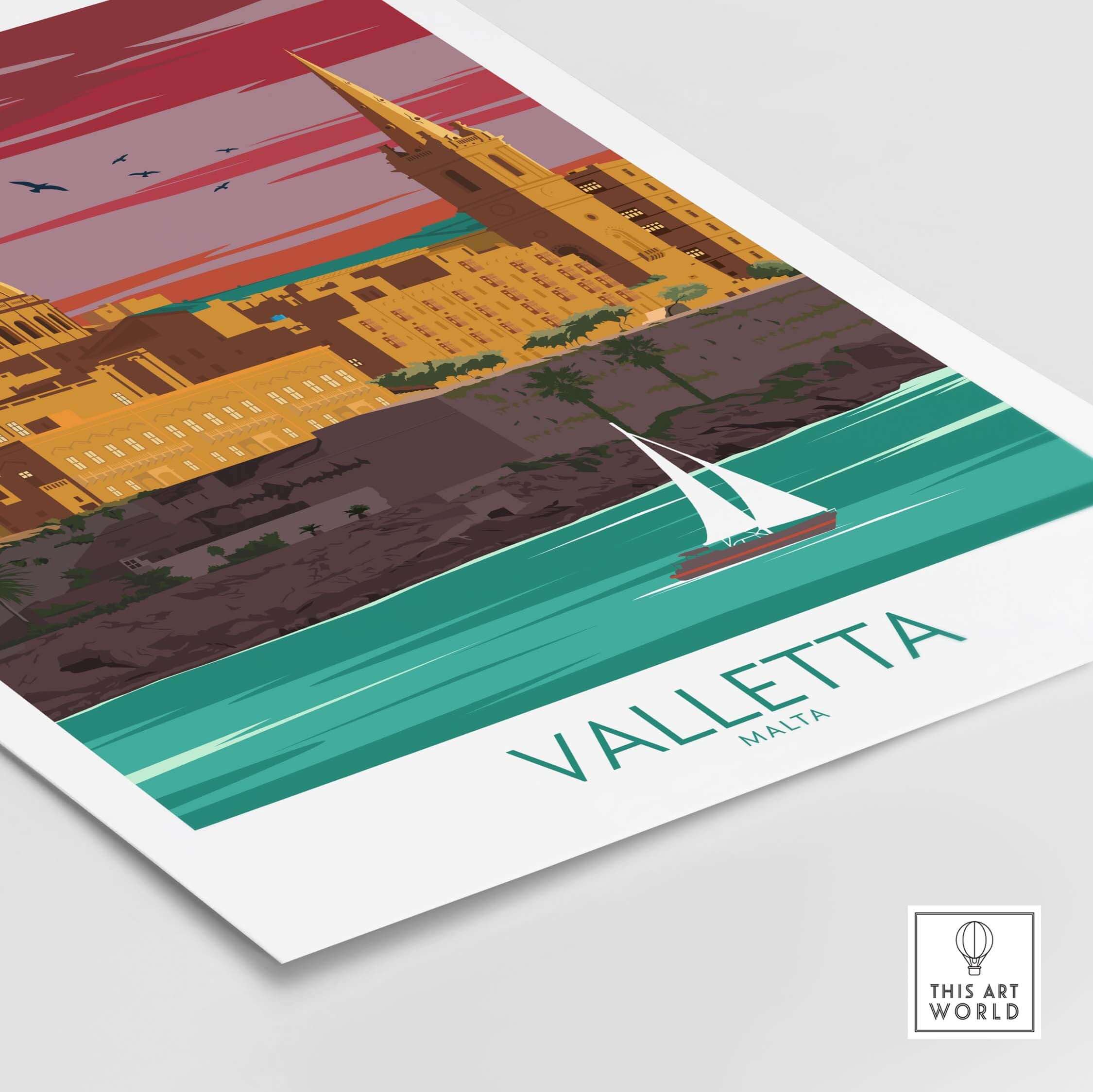 Colorful Valletta Print Malta Poster featuring vintage travel art and a sailboat on the water.