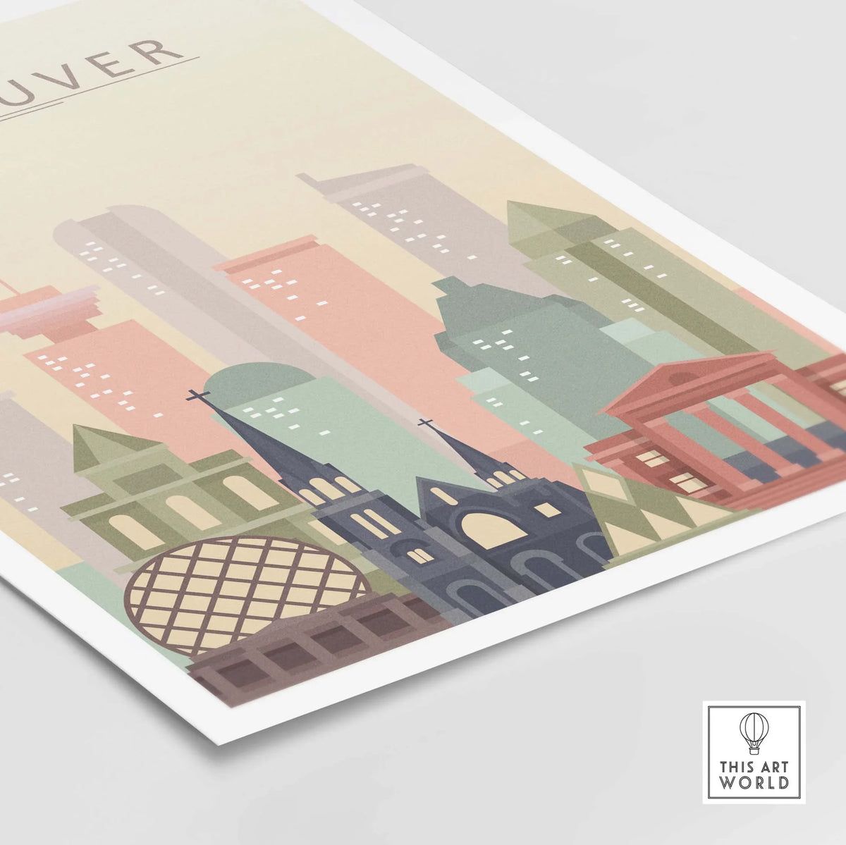 Vancouver City Print wall art showcasing iconic skyline in warm pastel tones, available framed or unframed.