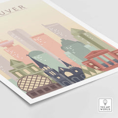 Vancouver City Print wall art showcasing iconic skyline in warm pastel tones, available framed or unframed.