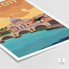 Vatican City Print featuring St. Peter's Basilica and serene river in a vintage minimalist travel poster style.