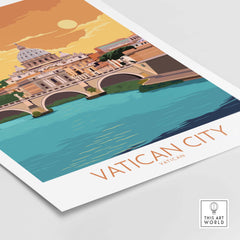 Vatican City vintage travel poster showcasing St. Peter's Basilica and bridge with minimalist design.