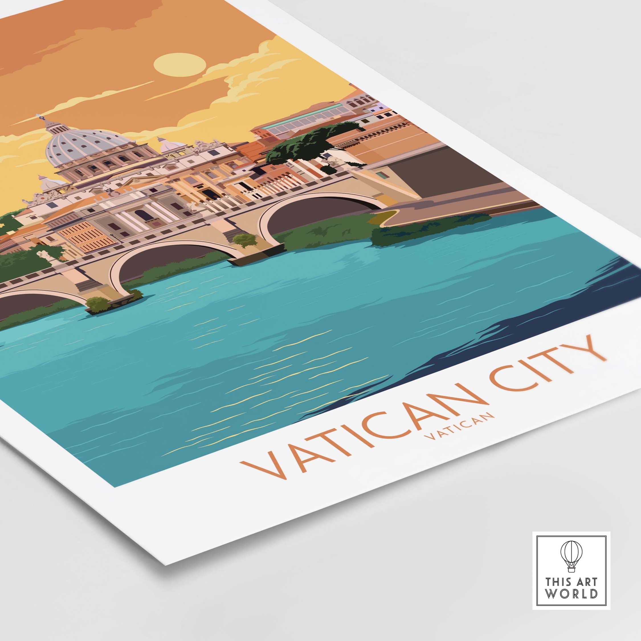 Vatican City vintage travel poster showcasing St. Peter's Basilica and bridge with minimalist design.