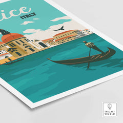 Venice wall art print showcasing a gondolier on a vibrant blue canal with historic buildings in the background.