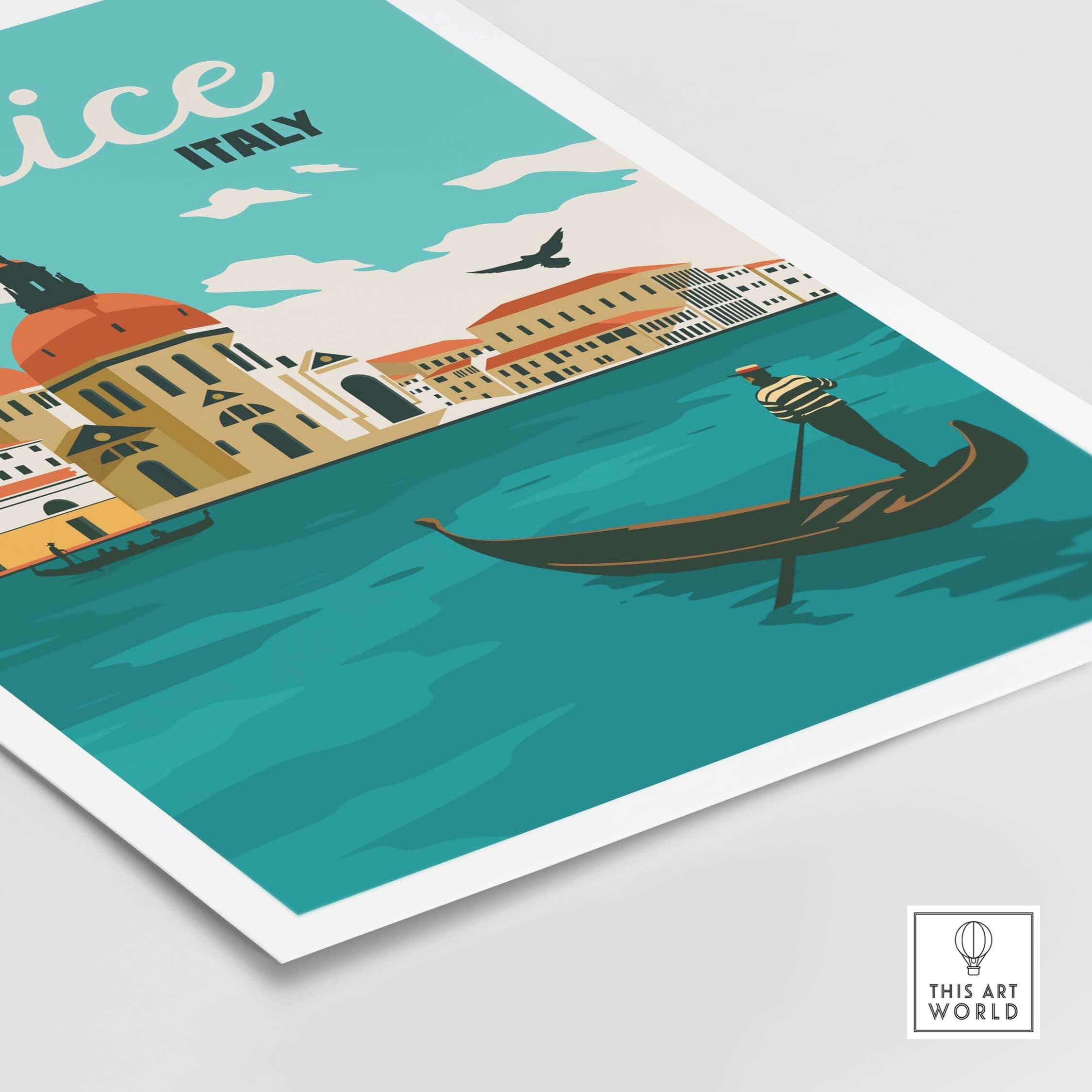 Venice wall art print showcasing a gondolier on a vibrant blue canal with historic buildings in the background.