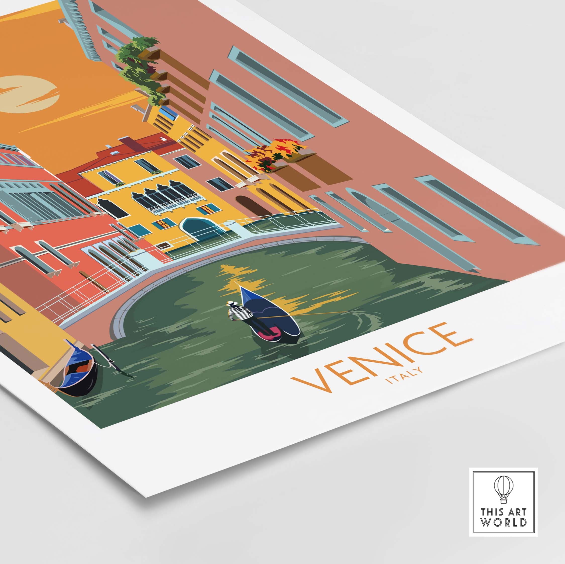 Venice travel poster print featuring colorful canals and gondolas, perfect for home or office decor.