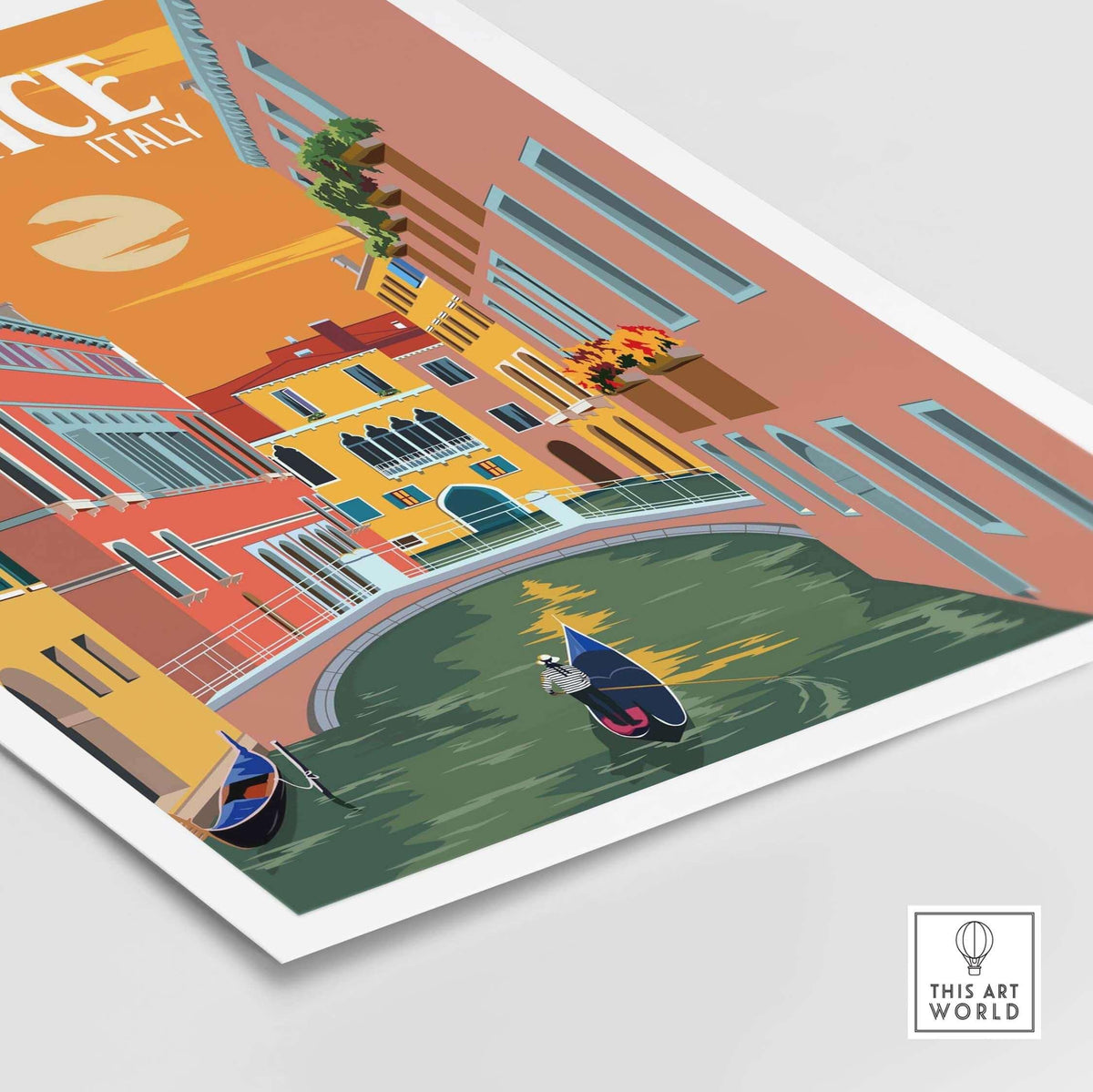 Venice Italy poster print showcasing colorful canals and gondolas, perfect for travel-themed wall art decor.