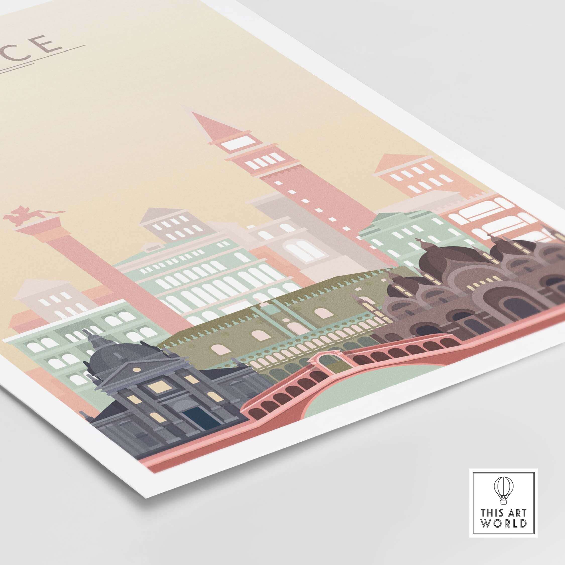 Venice city skyline art print featuring iconic architecture in warm pastel tones. Perfect for stylish home decor.