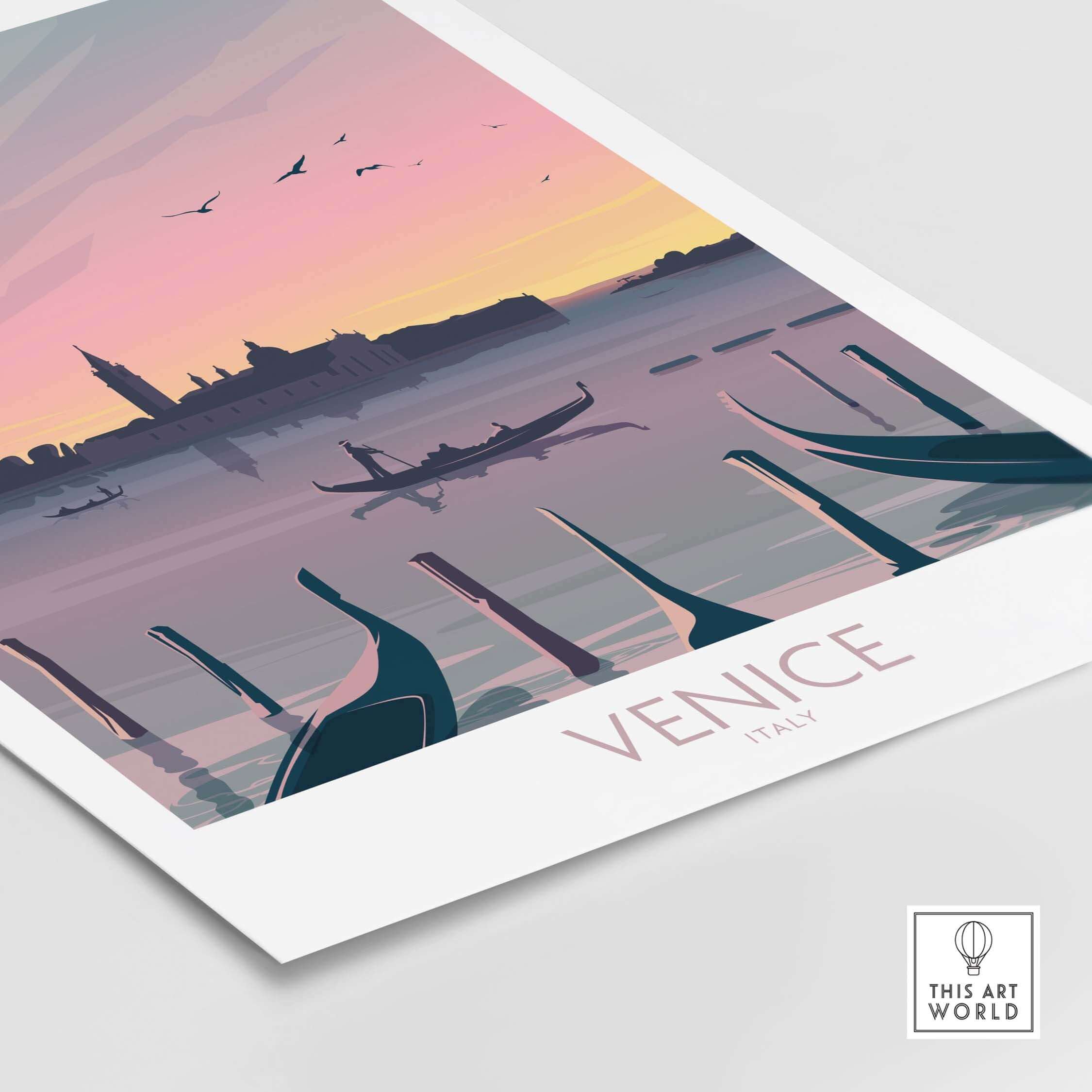 Venice Print Travel Poster featuring a romantic sunset over gondolas and the cityscape of Venice, Italy.