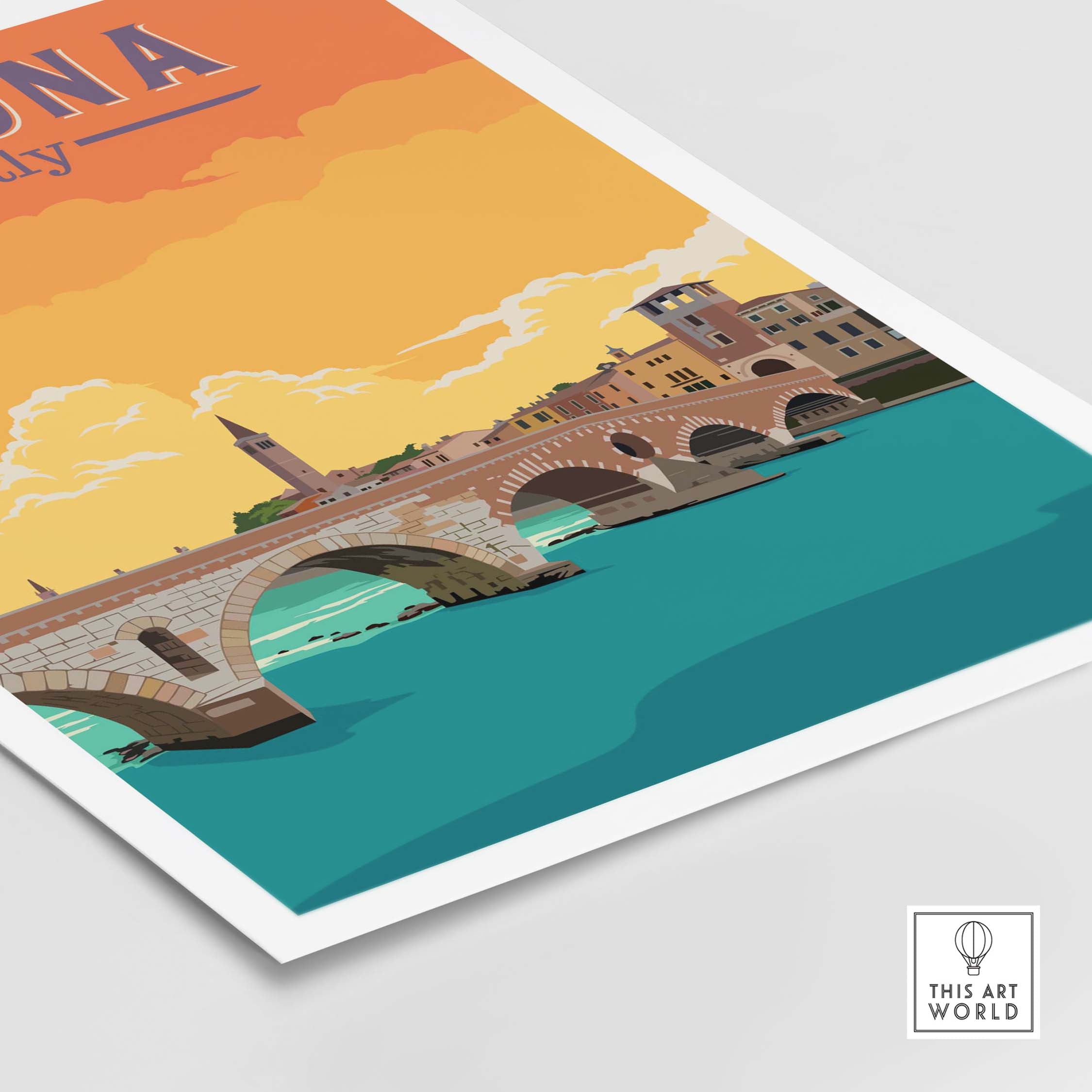 Vintage-style Verona Italy travel poster print featuring a bridge and vibrant sunset colors.