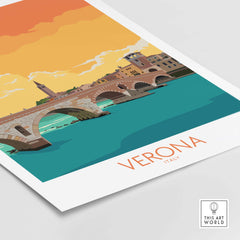Verona Poster Italy featuring vibrant artwork of the city's iconic bridge and colorful sunset landscape.