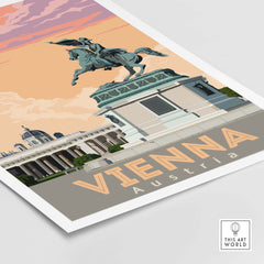Vienna Austria poster, vintage travel art print featuring equestrian statue and historic architecture.