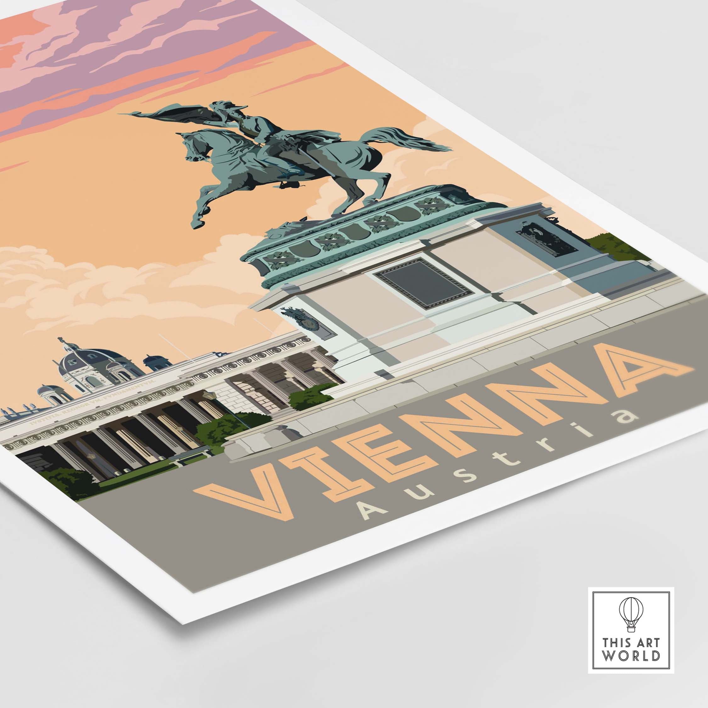 Vienna Austria poster, vintage travel art print featuring equestrian statue and historic architecture.