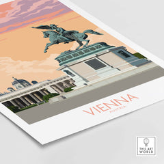 Vienna Print Austria Travel Poster featuring historic architecture and majestic statue, perfect for home or office decor.