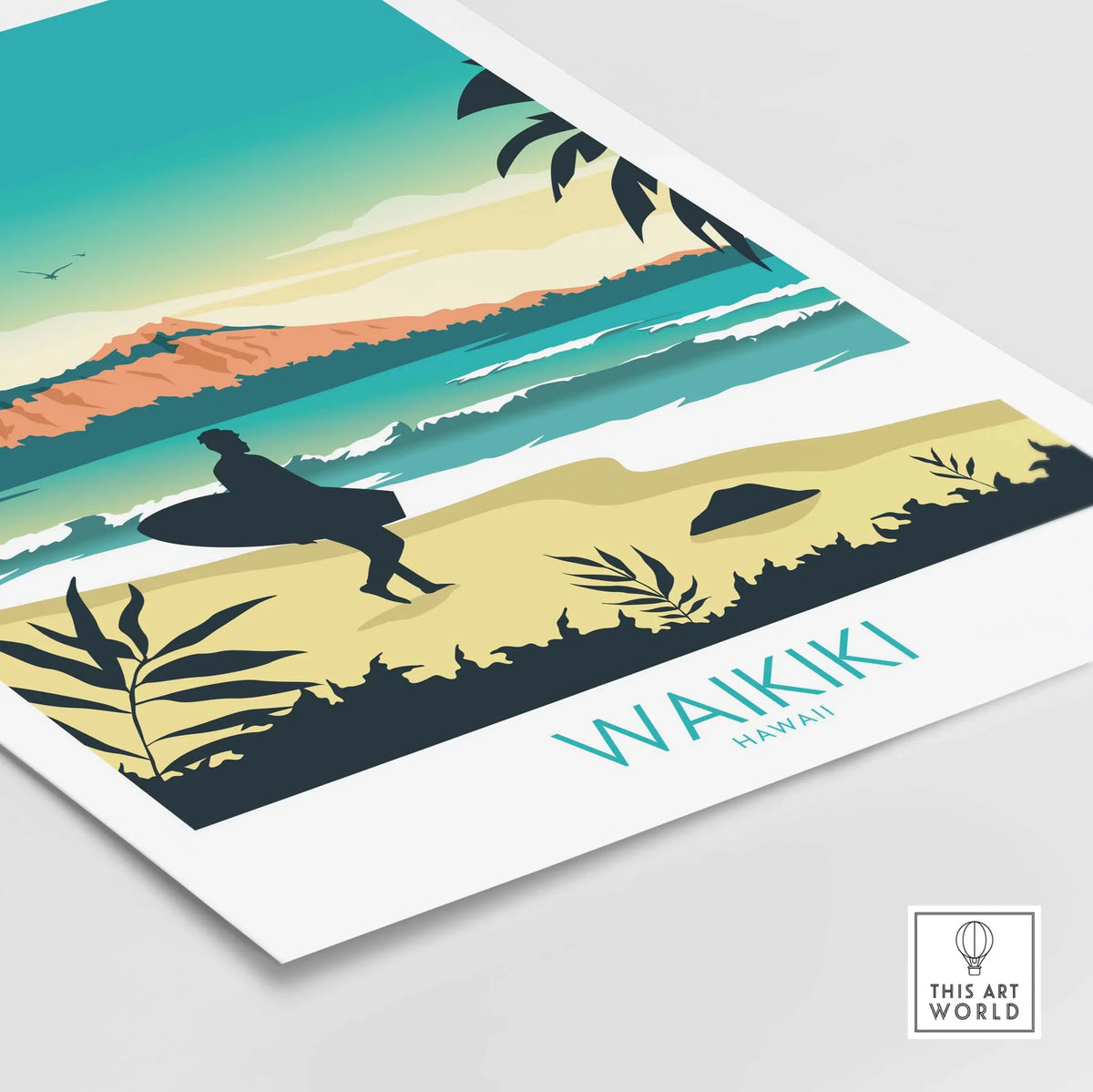 Stylish Waikiki Hawaii Poster Print featuring a surfer and scenic beach, capturing travel wanderlust and vintage art.